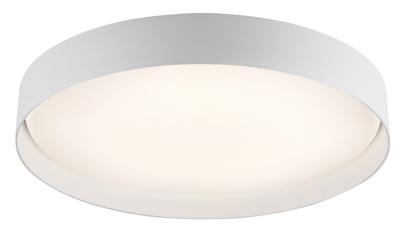 Runde, flache LED-Deckenleuchte in Weiß mit breitem Rand und opaler Diffusorfläche, Produktfoto in leicht schräger Untersicht