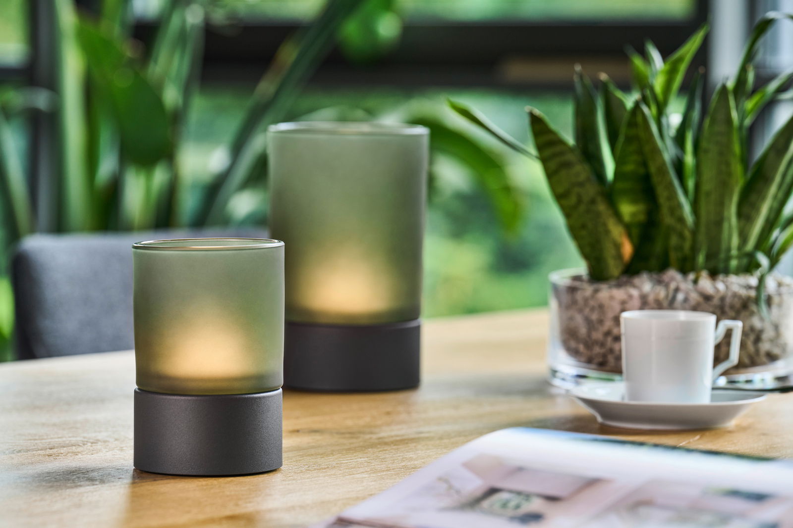 Zwei Akku-Windlichter auf einem Tisch, umgeben von Pflanzen, aus seitlicher Perspektive fotografiert.