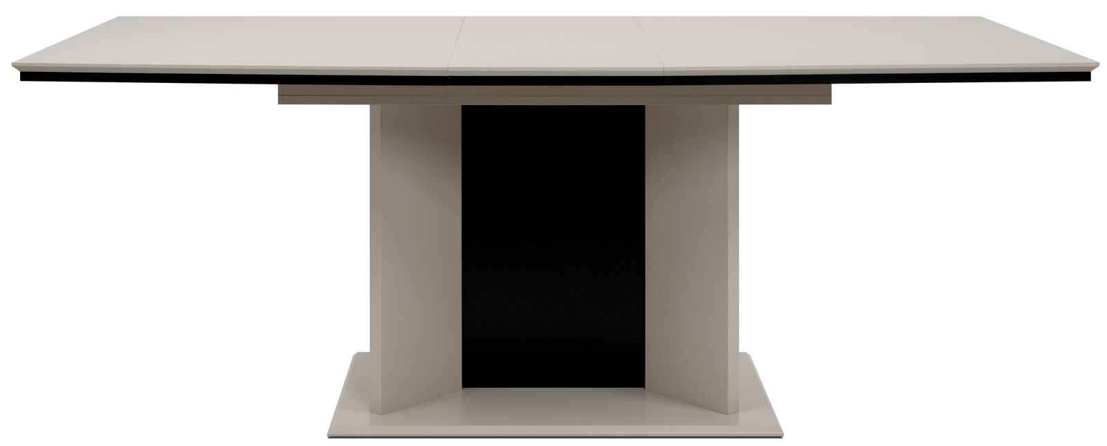 Moderner Esstisch mit rechteckiger Tischplatte und zentralem Sockel, Frontalansicht.
