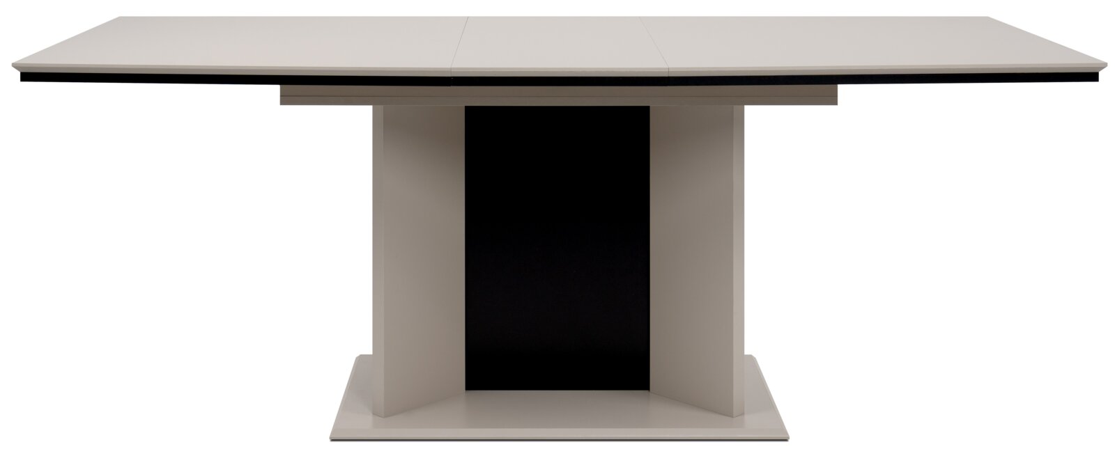 Moderne eettafel met rechthoekig tafelblad en centrale voet, gezien van voren.