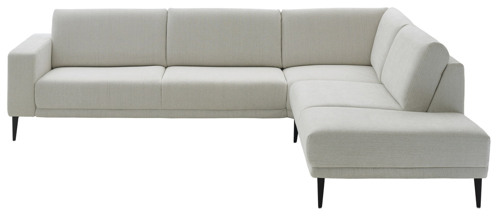 Eckgarnitur in hellem Stoff, perspektivisch von vorne rechts fotografiert