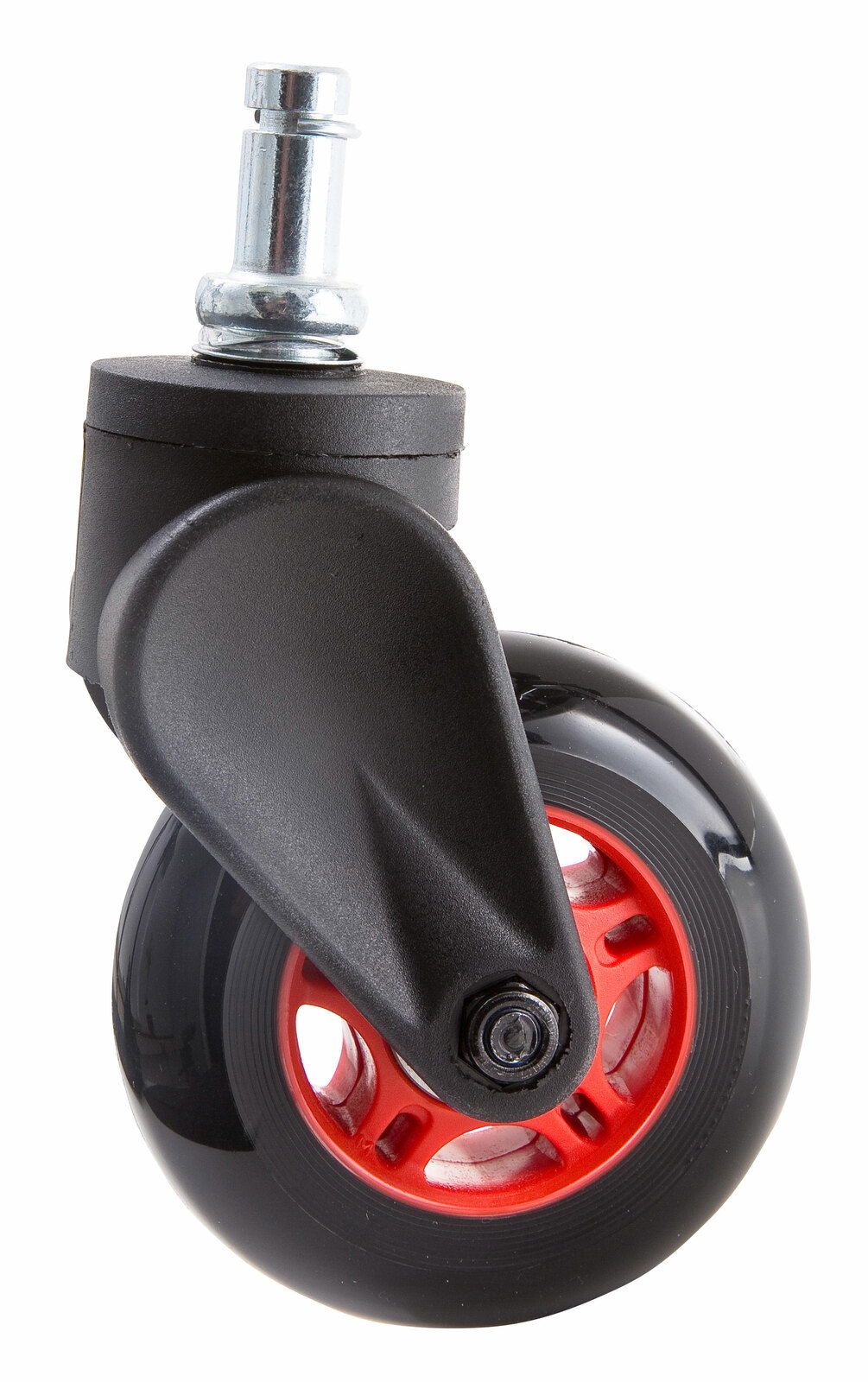 Nahaufnahme einer Hartbodenrolle mit schwarzem Gehäuse und rotem Rad, seitliche Perspektive