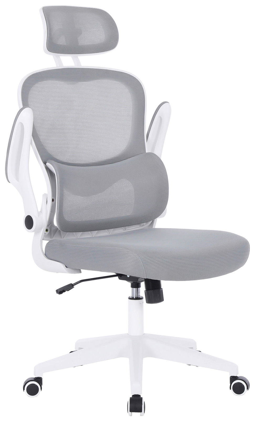 Moderner grauer Drehstuhl mit ergonomischem Design, Seitenansicht