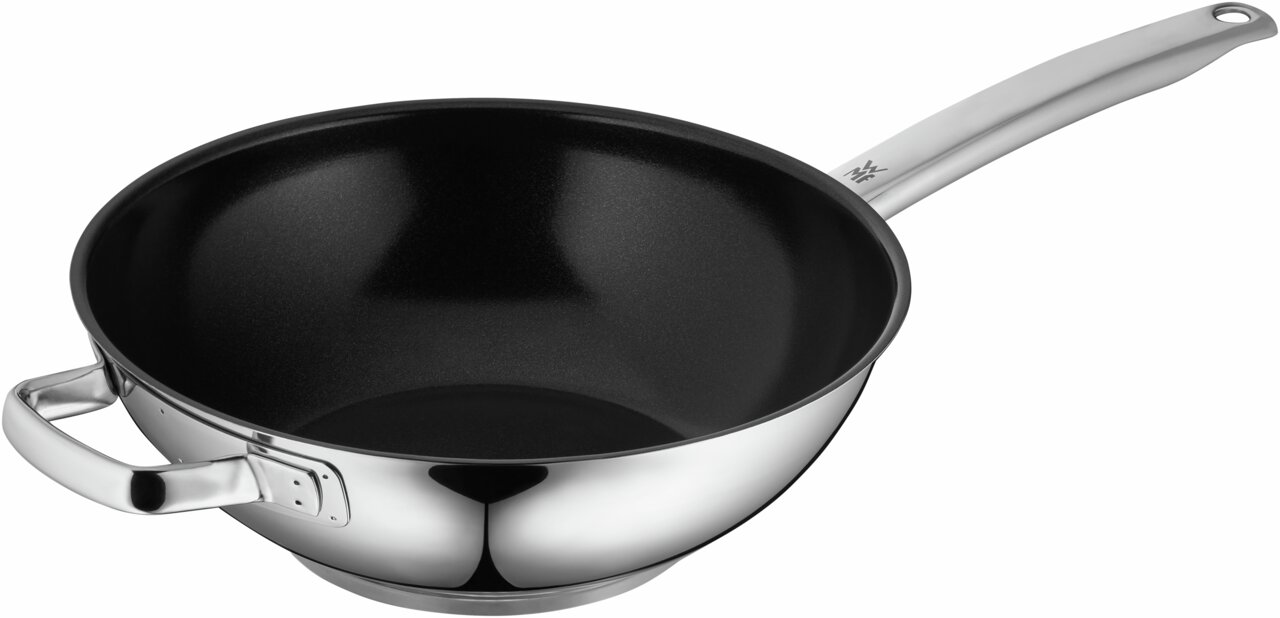 WMF Wokpan 28 cm DURADO Zilveren wokpan met zwarte binnenbekleding, handgreep aan de zijkant en lange steel, zijaanzicht