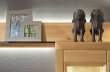 Zwei dekorative Löwenstatuen aus Metall auf einem Holzregal, daneben zwei gerahmte Bilder mit Naturmotiven. Perspektive von vorne.