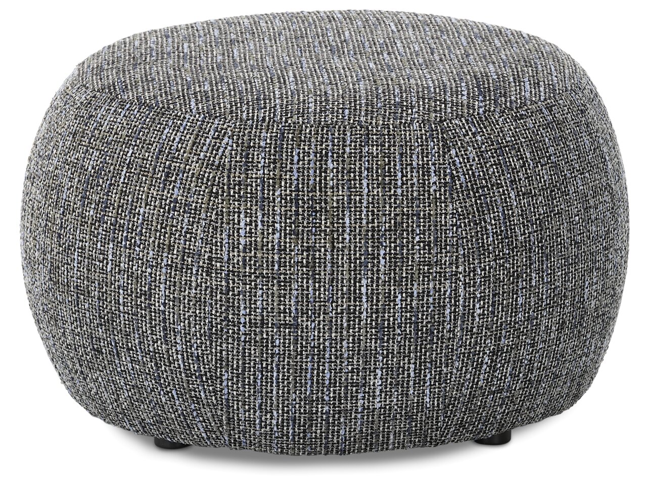 Bauchiger Hocker mit gemustertem Stoffbezug, seitliche Perspektive