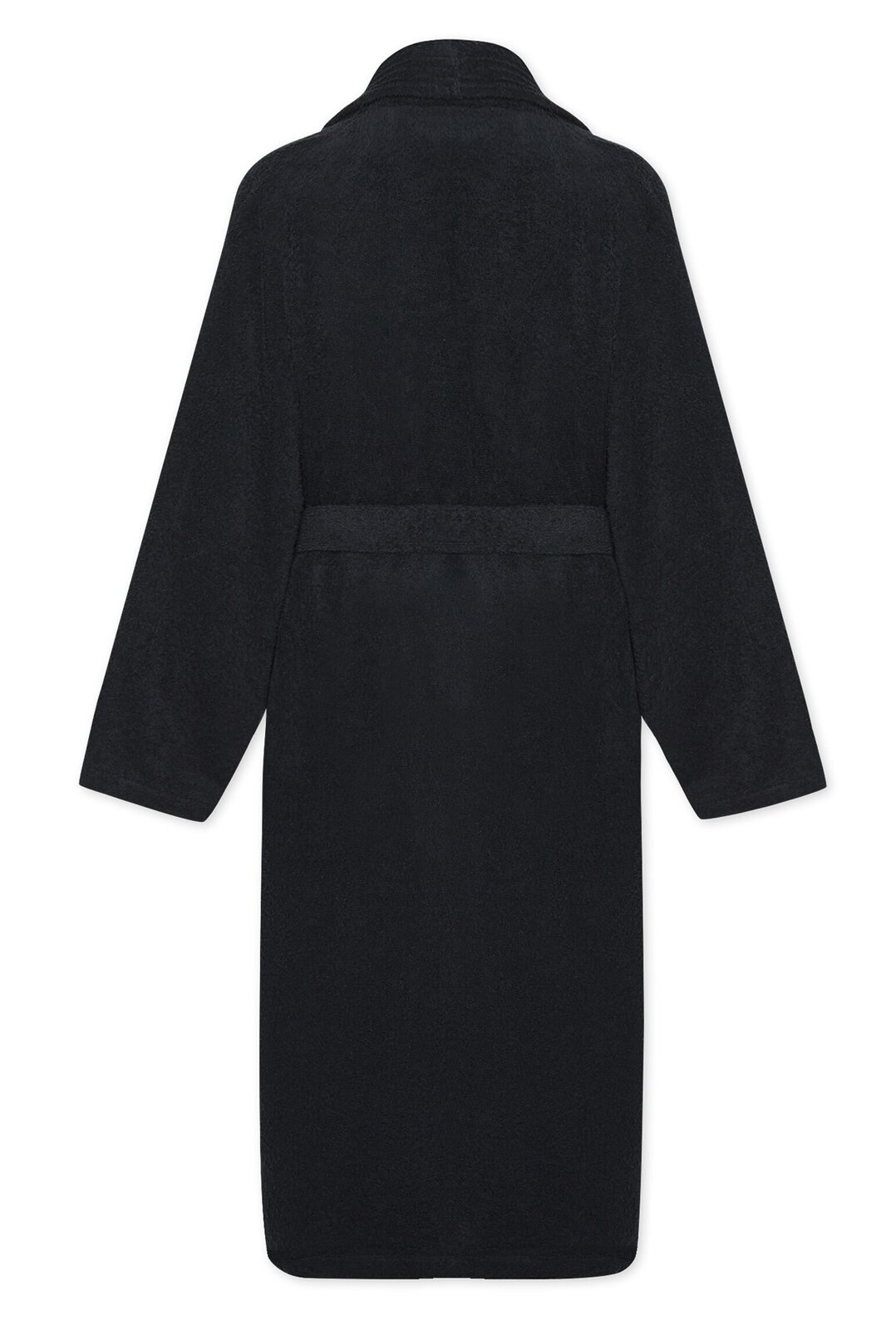 Rückansicht eines schwarzen Bademantels mit Schalkragen in Größe XS