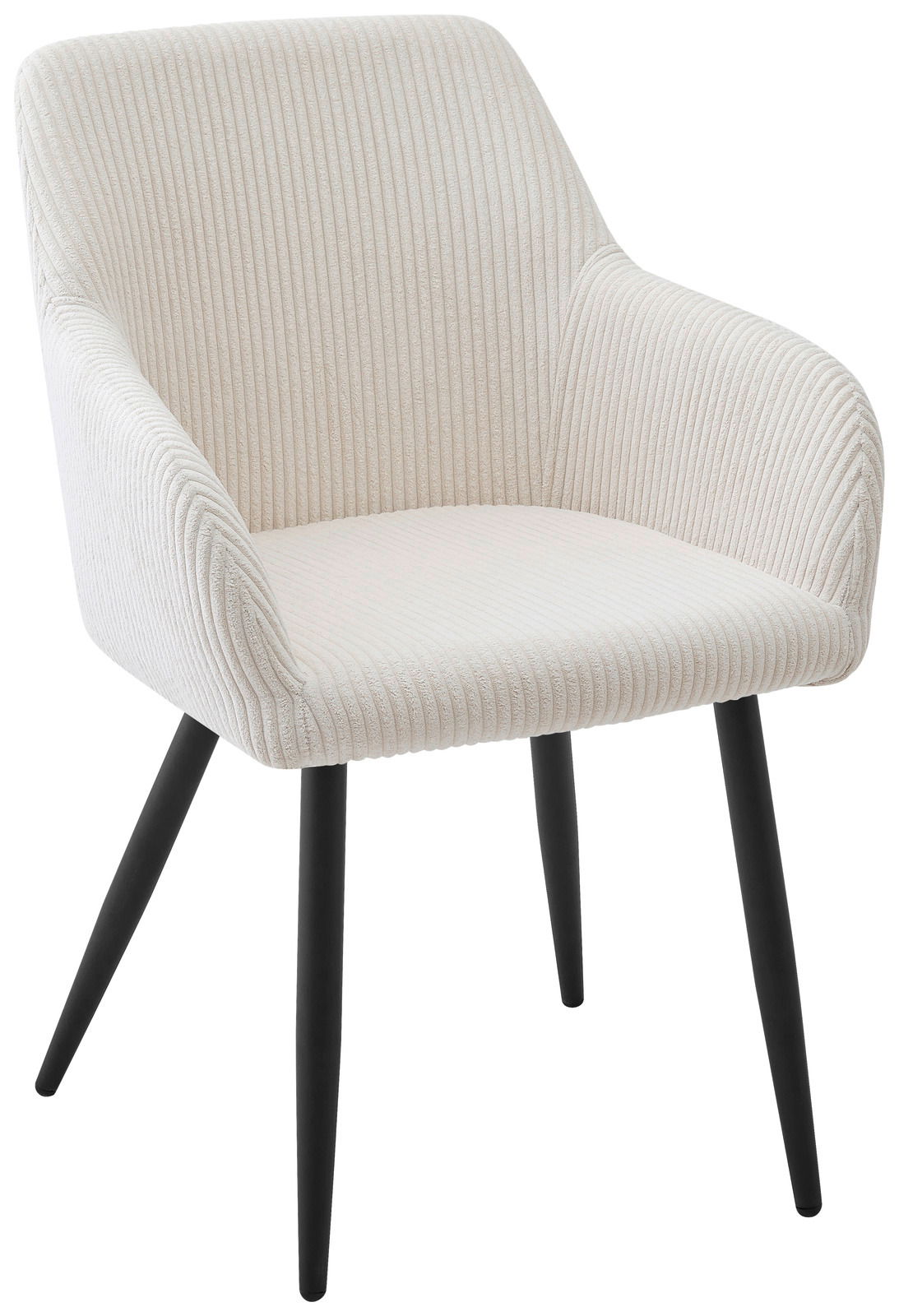 Moderner Armlehnstuhl mit cremefarbenem, geripptem Stoffbezug und schwarzen Metallbeinen, seitliche Perspektive