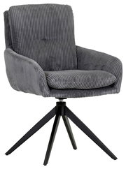 Grauer Armlehnstuhl mit geripptem Stoffbezug und schwarzem Metallgestell, seitliche Perspektive