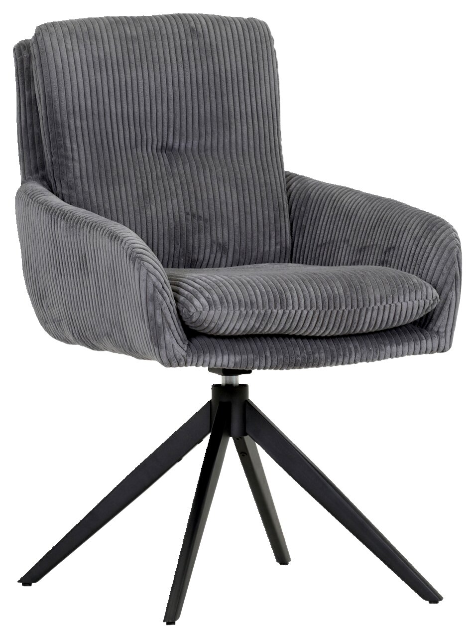 Grauer Armlehnstuhl mit geripptem Stoffbezug und schwarzem Metallgestell, seitliche Perspektive