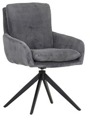 Grauer Armlehnstuhl mit geripptem Stoffbezug und schwarzem Metallgestell, seitliche Perspektive