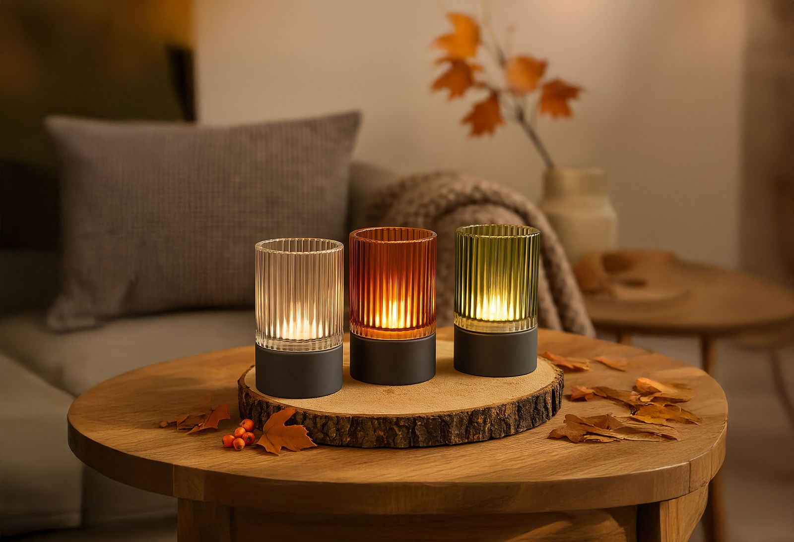 Drei Akku-Windlichter in verschiedenen Farben (klar, orange, grün) auf einem Holztisch, herbstlich dekoriert mit Blättern, aus einer frontalen Perspektive fotografiert.
