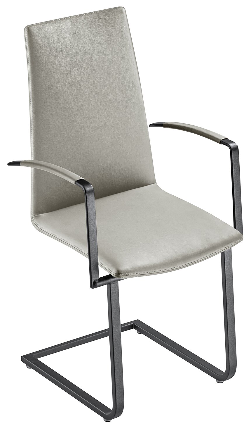 Bacher Sessel KAMA Moderner Sessel mit grauem Lederbezug und schwarzem Metallgestell, seitliche Perspektive