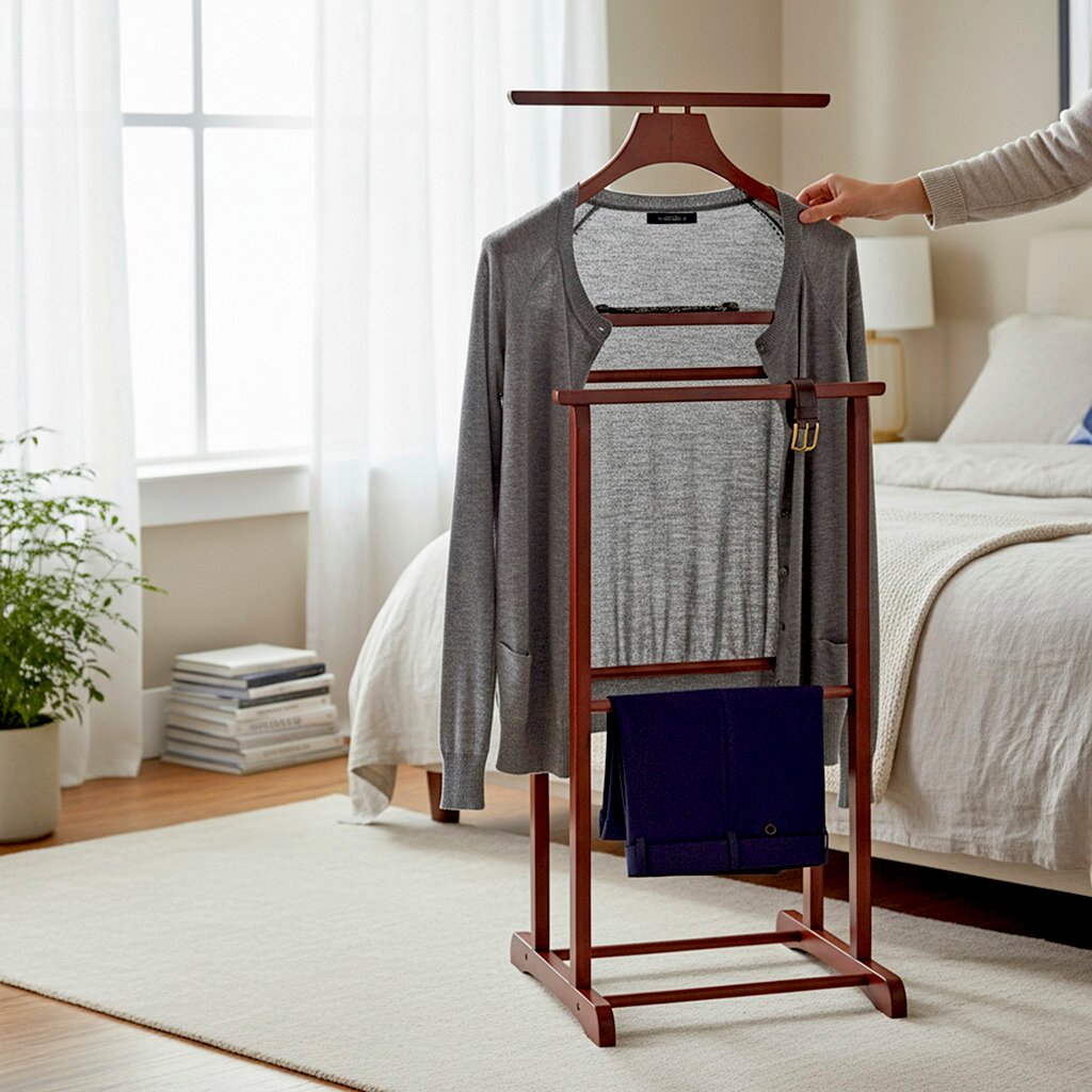 Freistehender Kleiderständer aus Holz mit Kleiderbügel, grauer Strickjacke, Gürtel und gefalteter Hose im Schlafzimmer, frontal in leichter Schrägansicht aufgenommen.