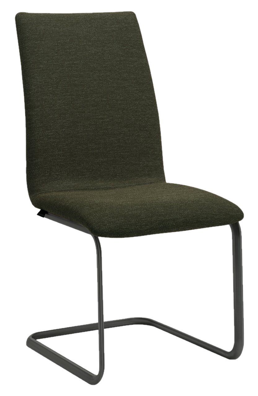 Swingstoel in donkergroen met metalen frame, zijaanzicht