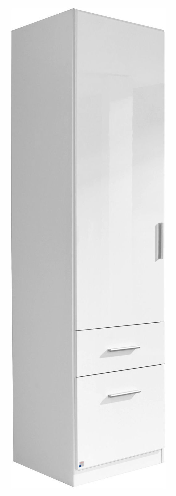 Weißer, einflügeliger Drehtürenschrank mit zwei Schubladen, seitliche Perspektive