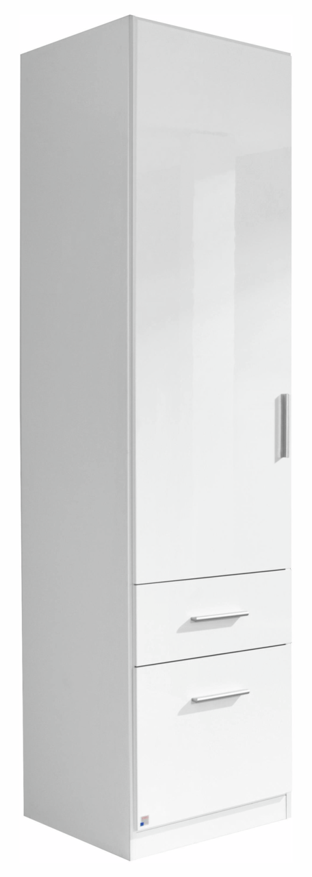 Z2 Drehtürenschrank 1-türig (re) CELLE Weißer, einflügeliger Drehtürenschrank mit zwei Schubladen, seitliche Perspektive