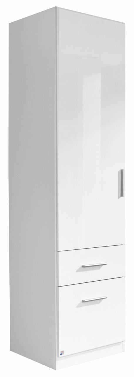 Z2 Drehtürenschrank 1-türig (re) CELLE Weißer, einflügeliger Drehtürenschrank mit zwei Schubladen, seitliche Perspektive