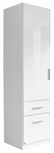 Weißer, einflügeliger Drehtürenschrank mit zwei Schubladen, seitliche Perspektive