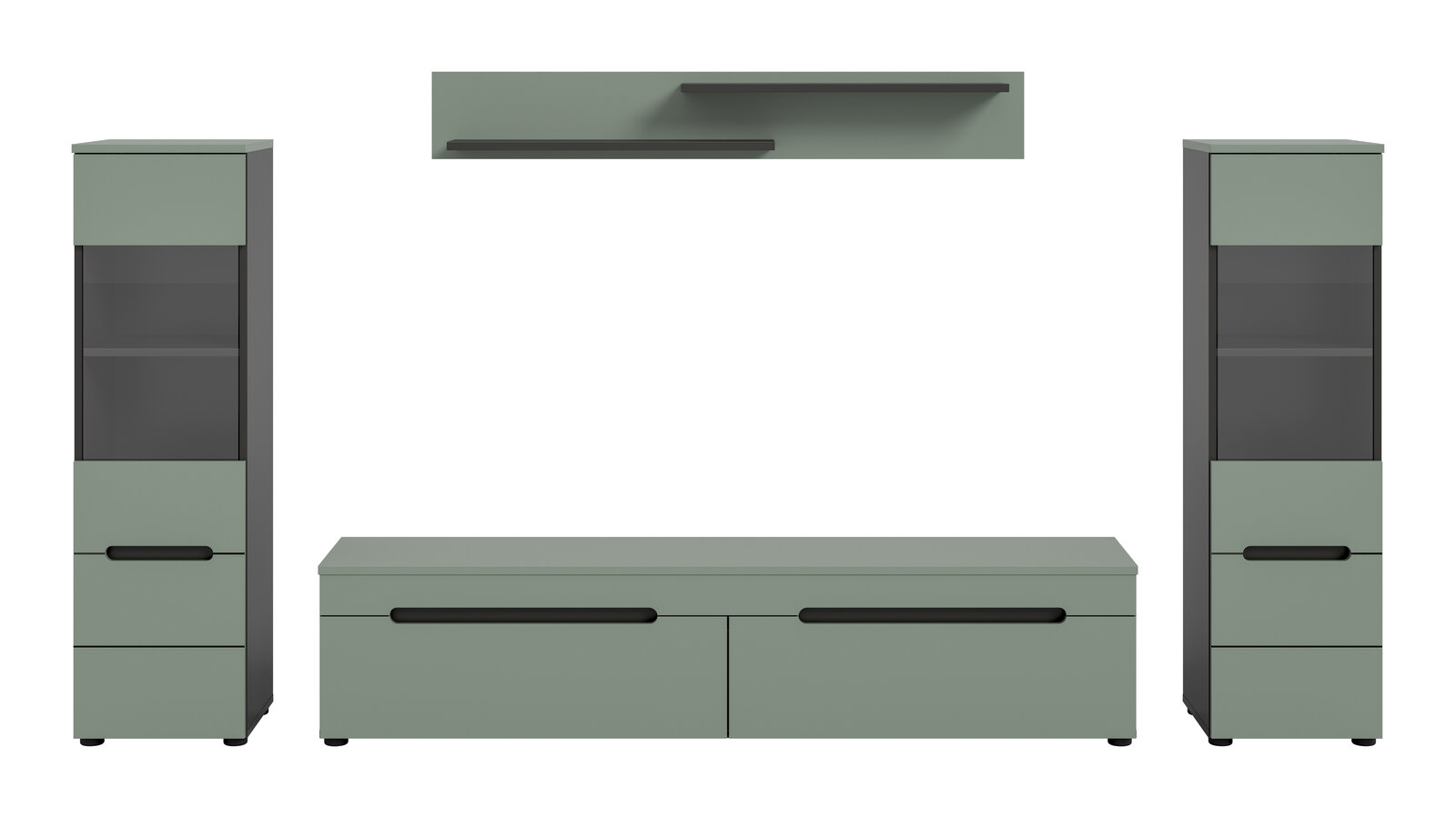 Modernes Wohnzimmermöbel-Set in Salbeigrün und Anthrazit mit zwei hohen Vitrinenschränken, niedrigem TV-Lowboard und zwei Wandregalen, Frontansicht