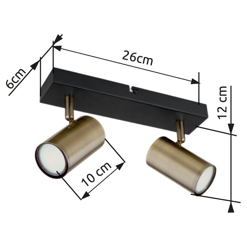 Zweiflammiger Strahler in Altmessing-Optik, seitliche Perspektive, mit rechteckiger Deckenhalterung und verstellbaren zylindrischen Leuchten.