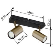 Zweiflammiger Strahler in Altmessing-Optik, seitliche Perspektive, mit rechteckiger Deckenhalterung und verstellbaren zylindrischen Leuchten.