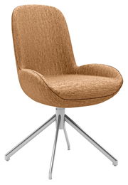 Moderner Stuhl mit braunem Stoffbezug und silbernem Metallgestell, seitliche Perspektive