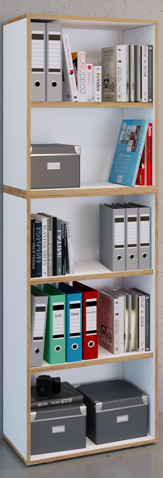 VCM Büroregal SALIA Frontale Perspektive auf ein hohes, offenes Bücherregal mit Holzrahmen und weißen Fächern, gefüllt mit Ordnern, Büchern und Aufbewahrungsboxen.