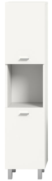 Weißer Badschrank mit zwei Türen und einem offenen Fach, frontal betrachtet.