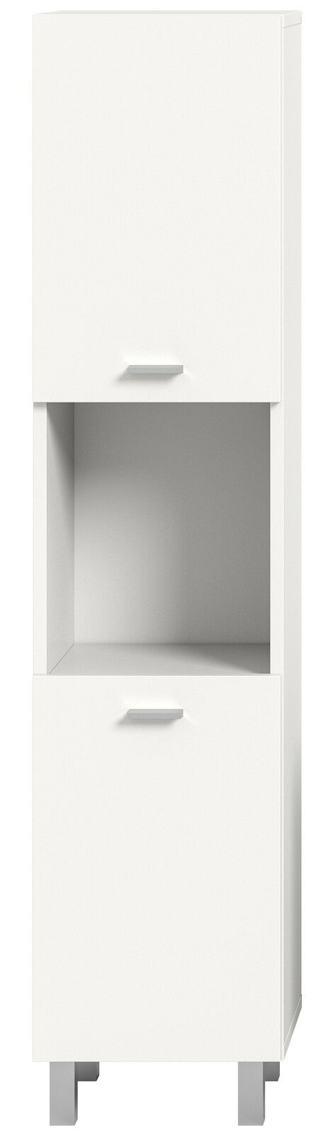 Weißer Badschrank mit zwei Türen und einem offenen Fach, frontal betrachtet.