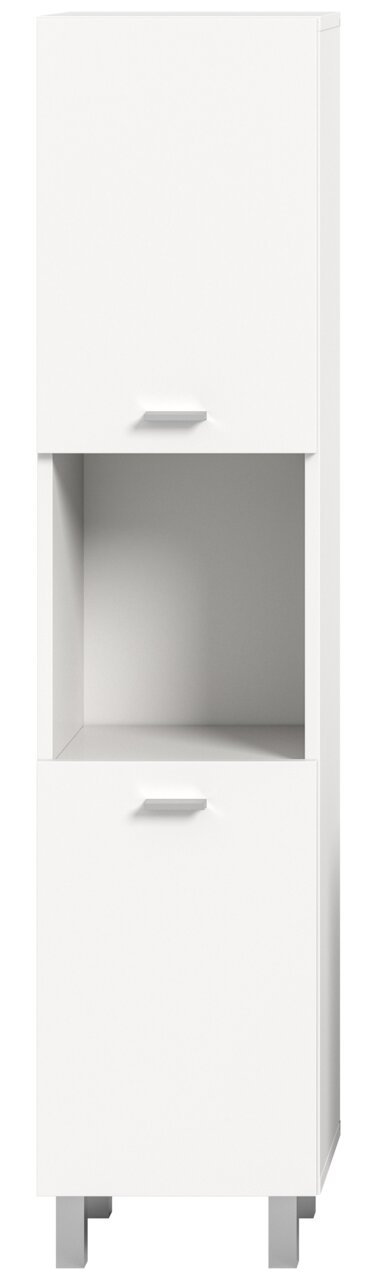 Weißer Badschrank mit zwei Türen und einem offenen Fach, frontal betrachtet.