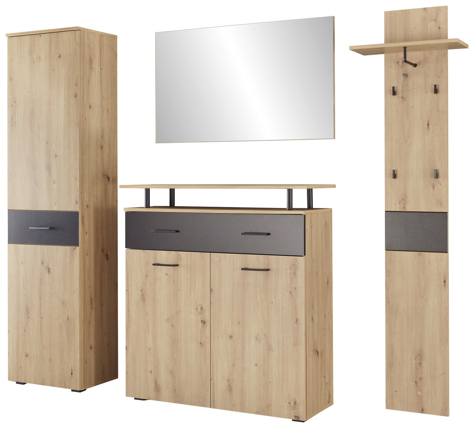 Garderoben-Set aus Holz in heller Eichenoptik mit schwarzem Akzent, bestehend aus einem hohen Schrank, einem Spiegel, einer Kommode und einer Wandgarderobe. Frontalansicht.