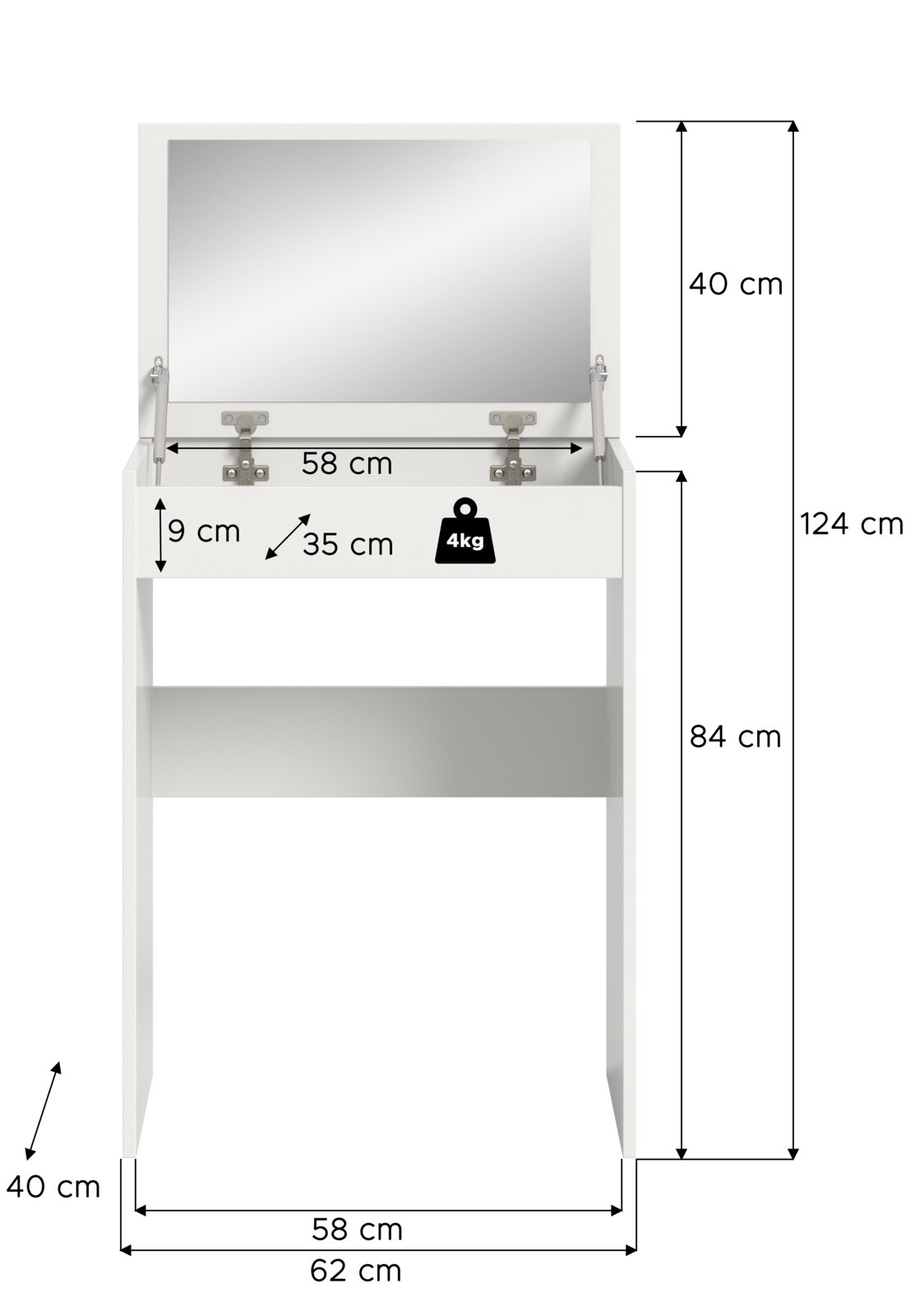 Weißer Schminktisch mit aufklappbarem Spiegel und Ablagefach, Maßangaben (u. a. 124 cm Höhe, 62 cm Breite, 40 cm Tiefe) und 4-kg-Hinweis, Frontalansicht.
