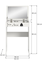 Weißer Schminktisch mit aufklappbarem Spiegel und Ablagefach, Maßangaben (u. a. 124 cm Höhe, 62 cm Breite, 40 cm Tiefe) und 4-kg-Hinweis, Frontalansicht.