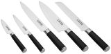 Set aus fünf Küchenmessern mit schwarzen Griffen und Edelstahlklingen, frontal präsentiert.