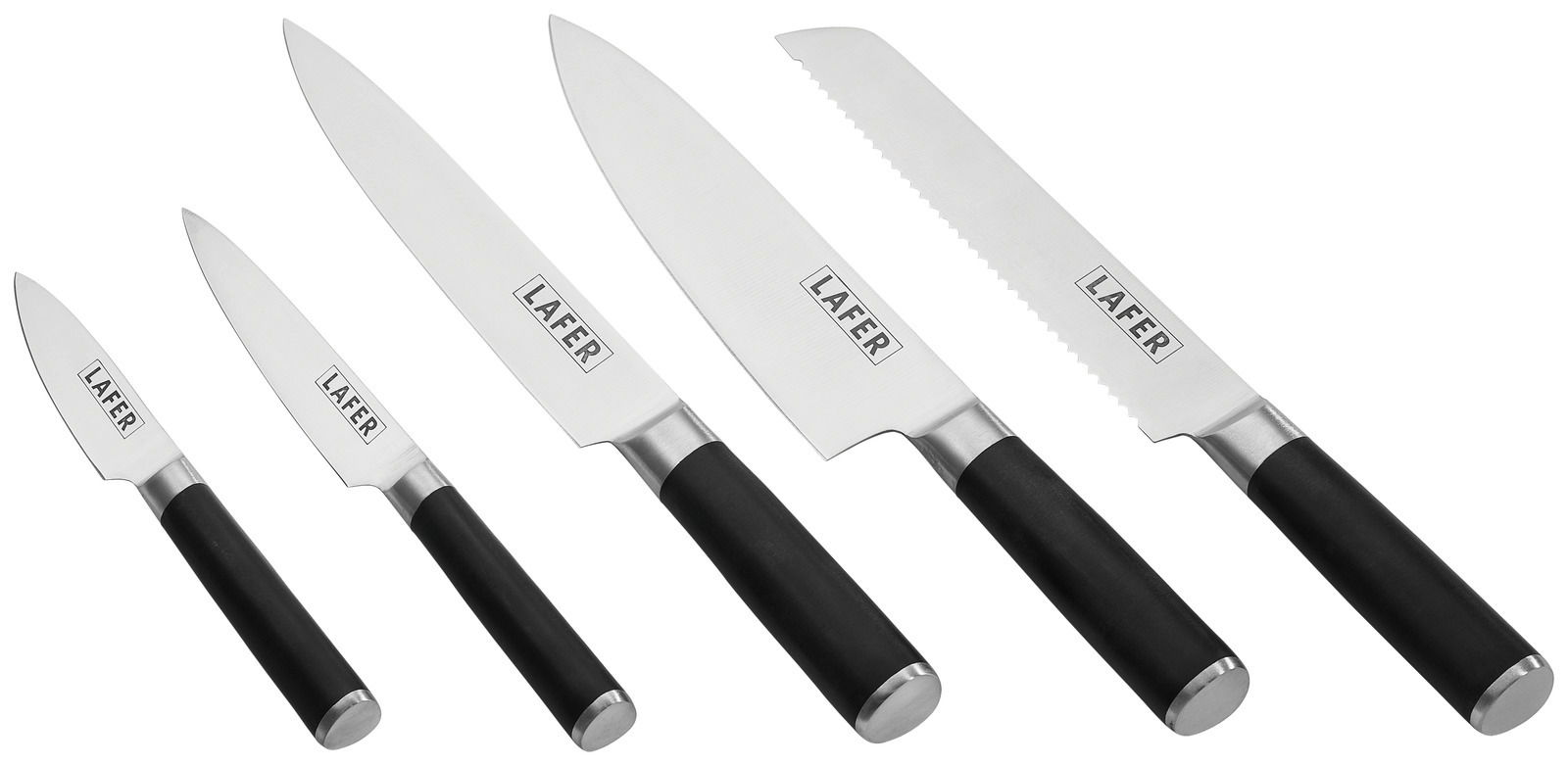 Set aus fünf Küchenmessern mit schwarzen Griffen und Edelstahlklingen, frontal präsentiert.