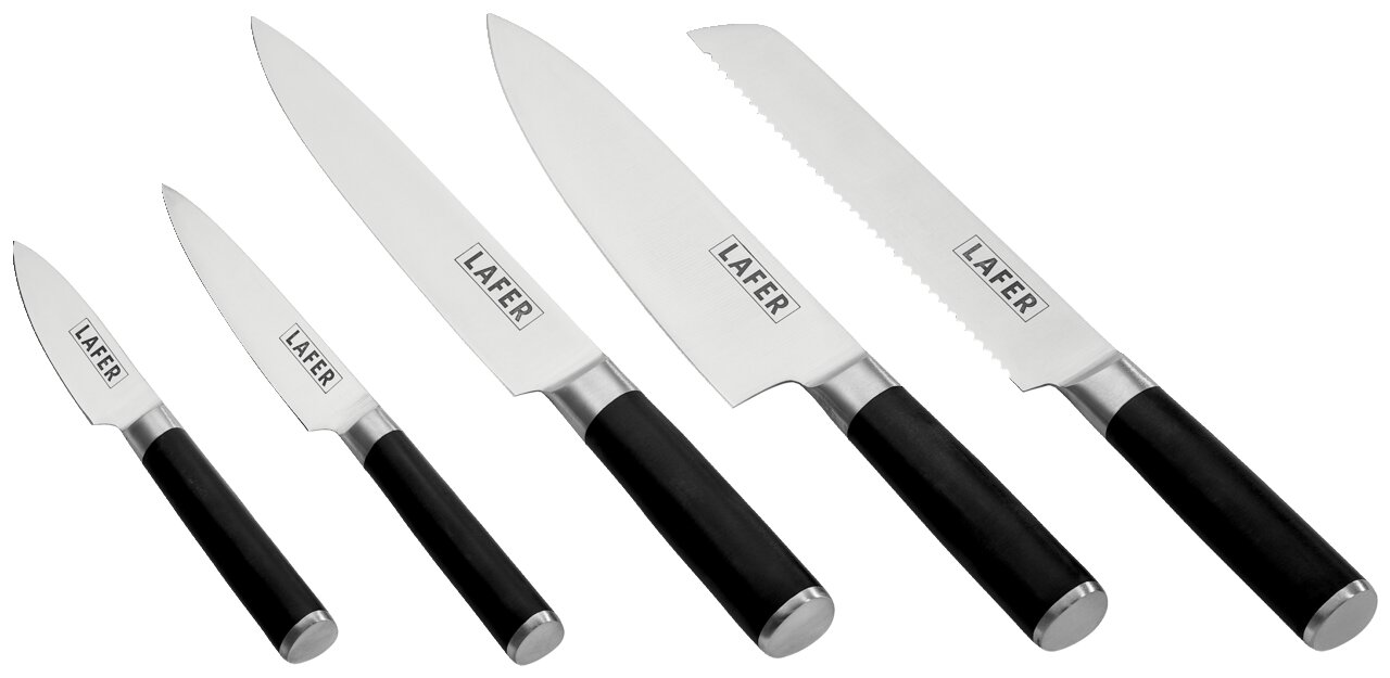 Set aus fünf Küchenmessern mit schwarzen Griffen und Edelstahlklingen, frontal präsentiert.