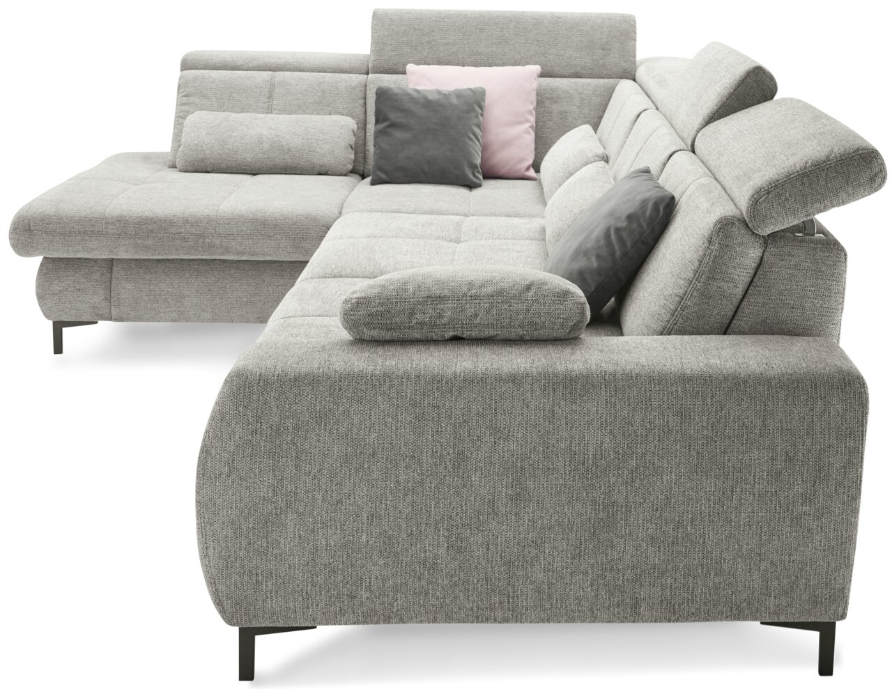 Graue Rundecke (L) mit verstellbaren Kopfstützen und mehreren Kissen, seitliche Perspektive