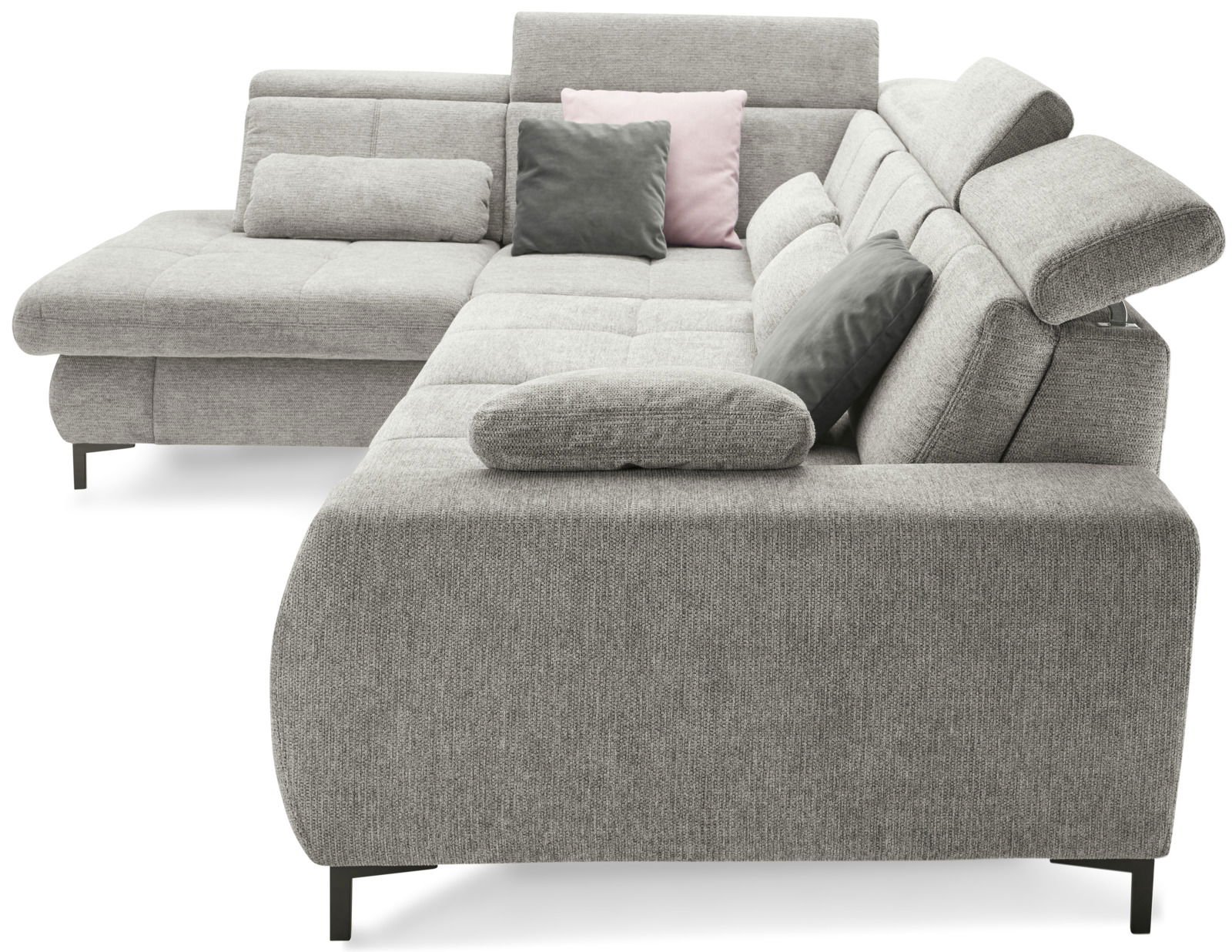 Graue Rundecke (L) mit verstellbaren Kopfstützen und mehreren Kissen, seitliche Perspektive