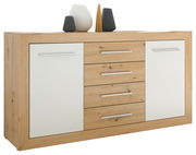 Kommode aus Holz mit zwei weißen Türen und vier Schubladen, dekoriert mit Vasen, Perspektive von vorne