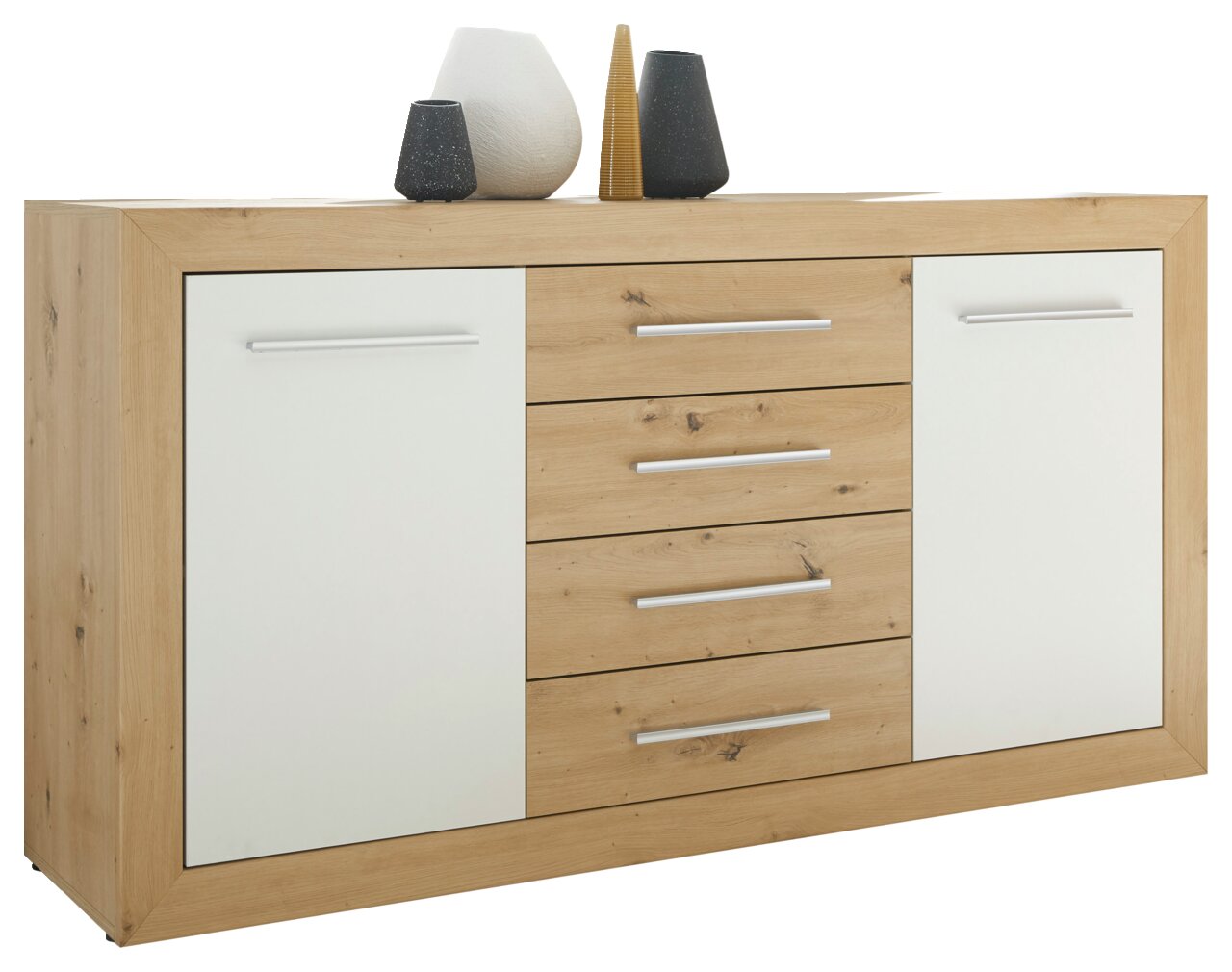 Kommode aus Holz mit zwei weißen Türen und vier Schubladen, dekoriert mit Vasen, Perspektive von vorne