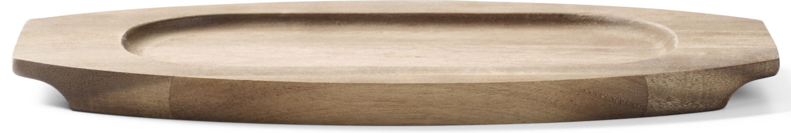 Holzbrett in Seitenansicht mit ovaler Vertiefung, Teil eines 2-teiligen Grillpfannen-Sets.