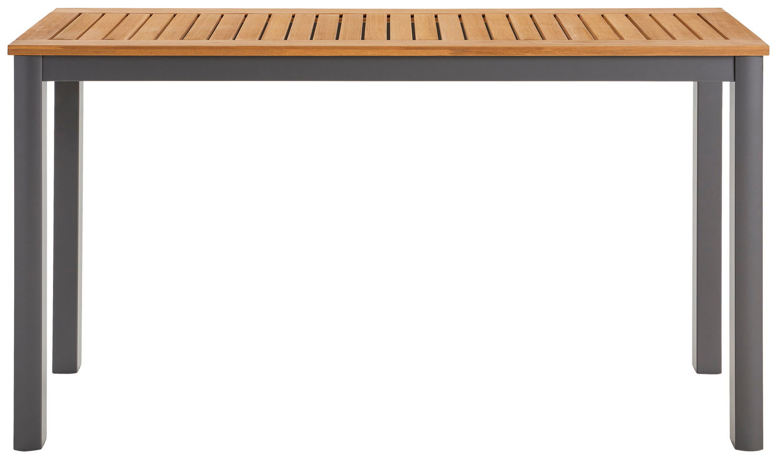 Moderner Beistelltisch mit Holzplatte und grauen Metallbeinen, Frontalansicht