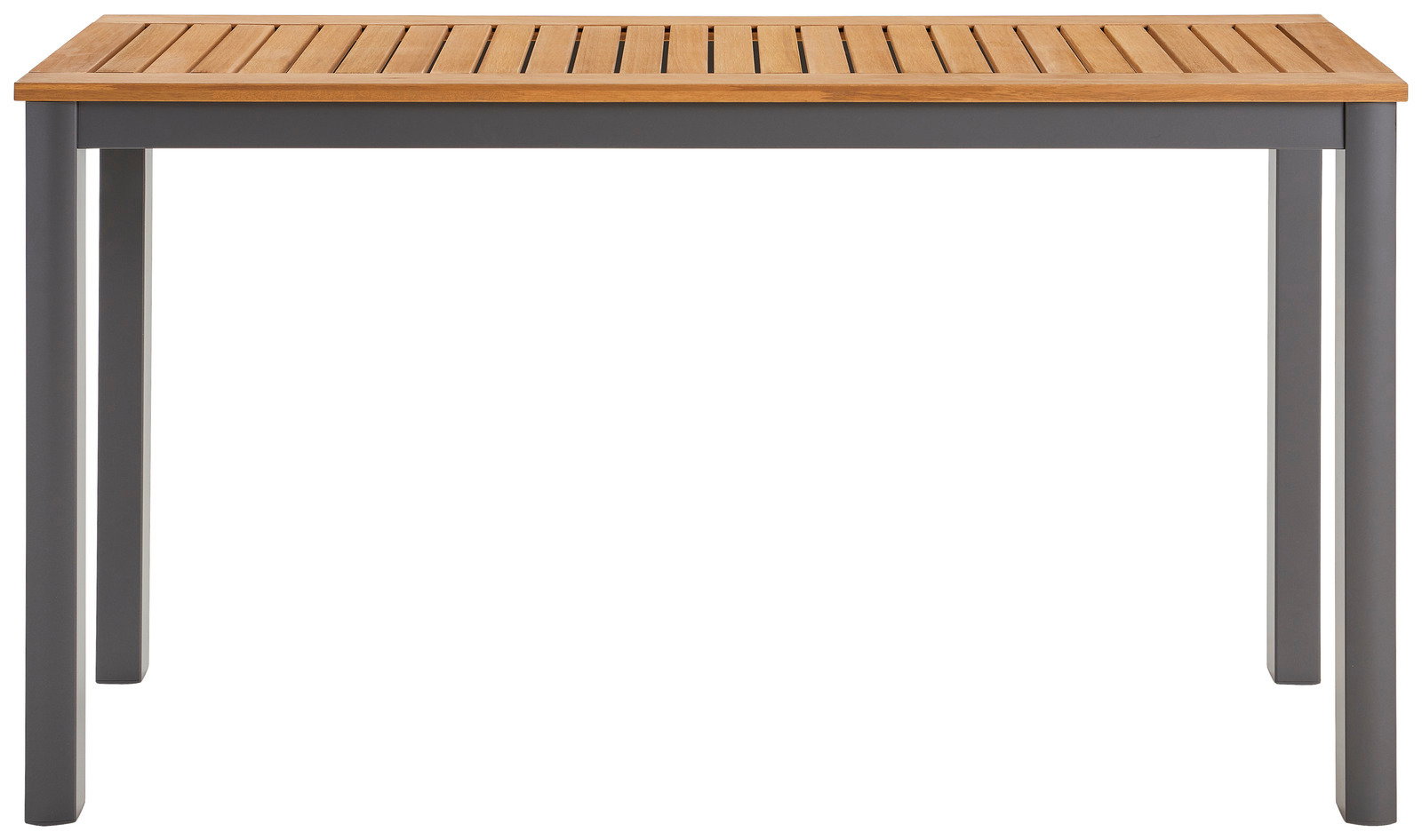 Moderner Beistelltisch mit Holzplatte und grauen Metallbeinen, Frontalansicht