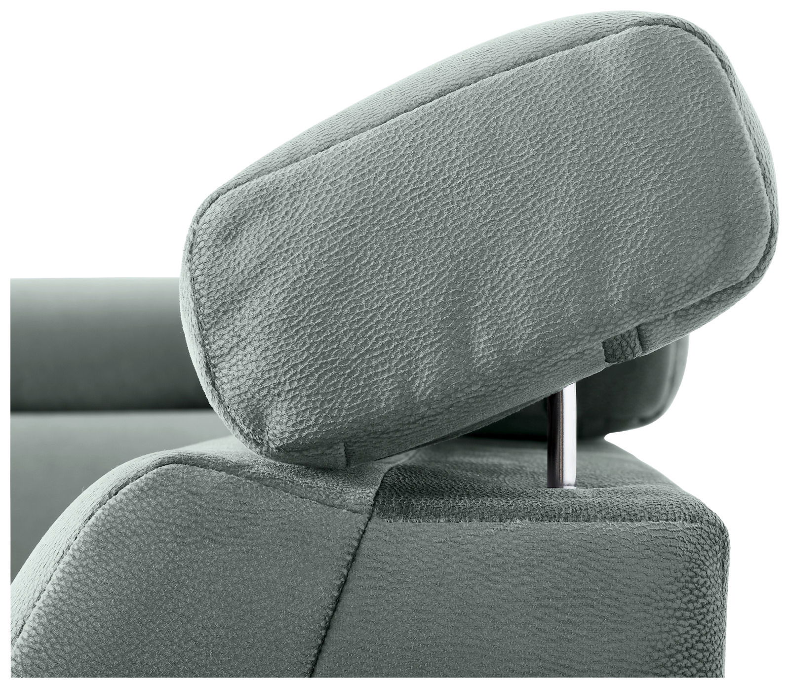 Nahaufnahme einer verstellbaren Kopfstütze eines Sofas in grauer Stoffoptik, seitliche Perspektive.