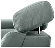 Nahaufnahme einer verstellbaren Kopfstütze eines Sofas in grauer Stoffoptik, seitliche Perspektive.