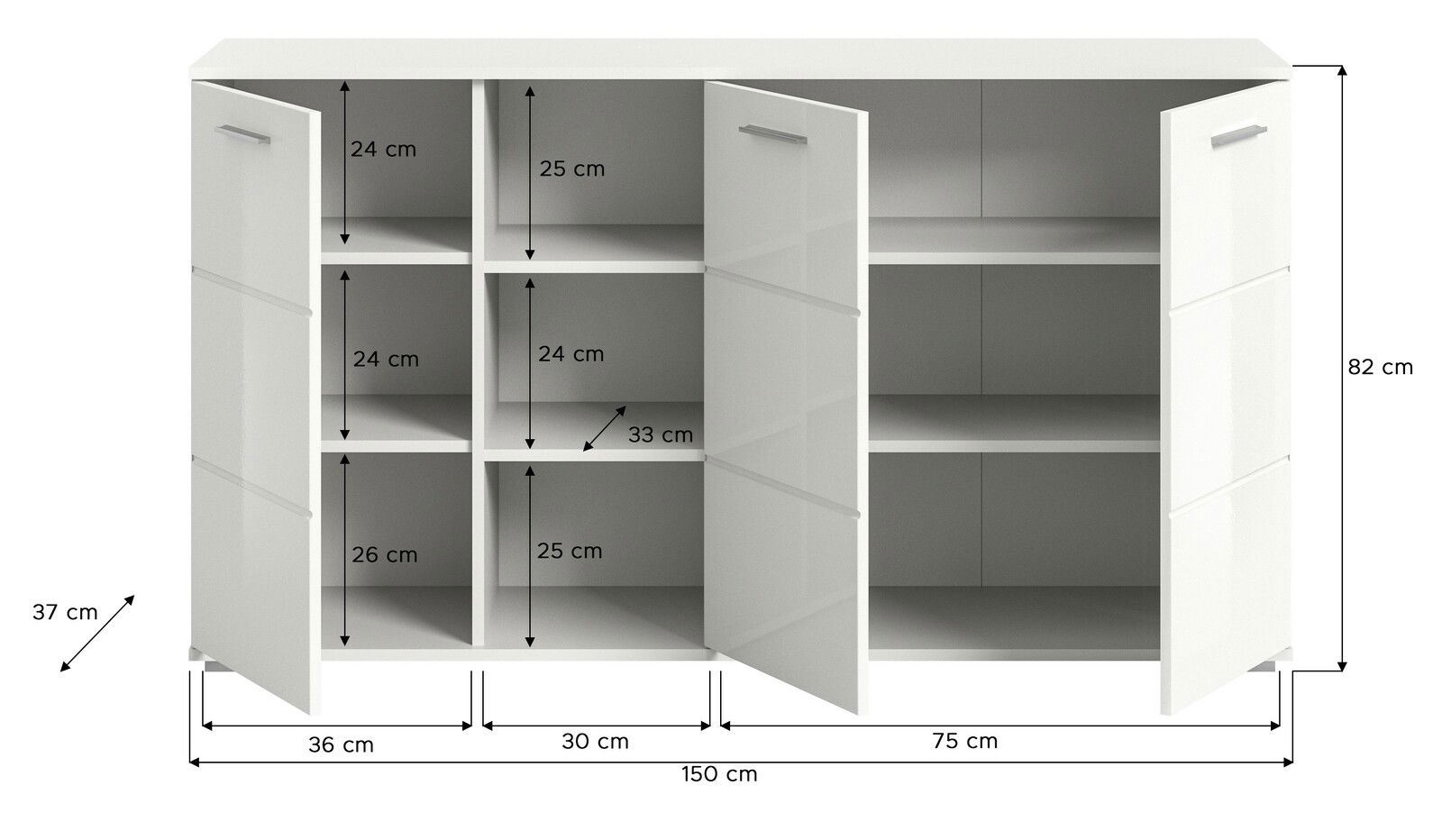 Weiße Kommode mit offenen Türen, zeigt mehrere Fächer in verschiedenen Größen, Frontansicht.