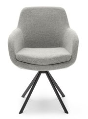 Grauer Armlehnstuhl mit schwarzem Metallgestell, Frontalansicht