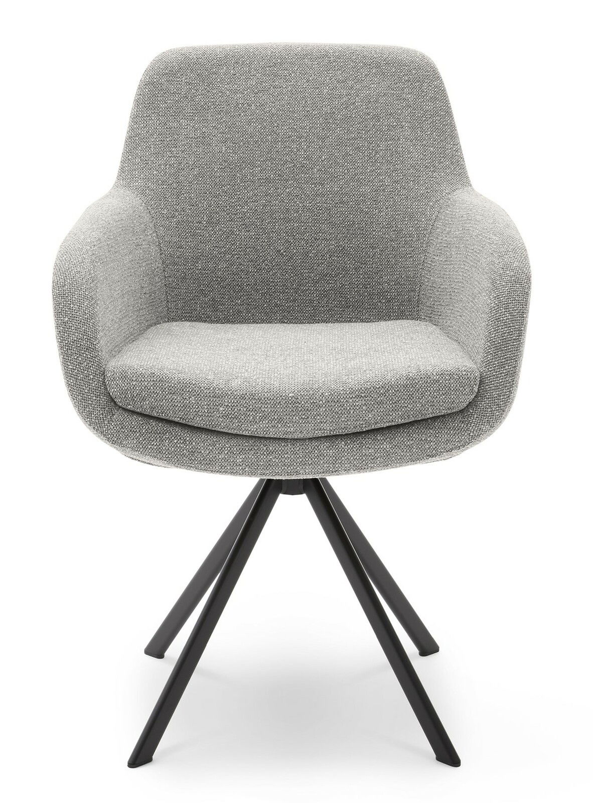 Grauer Armlehnstuhl mit schwarzem Metallgestell, Frontalansicht