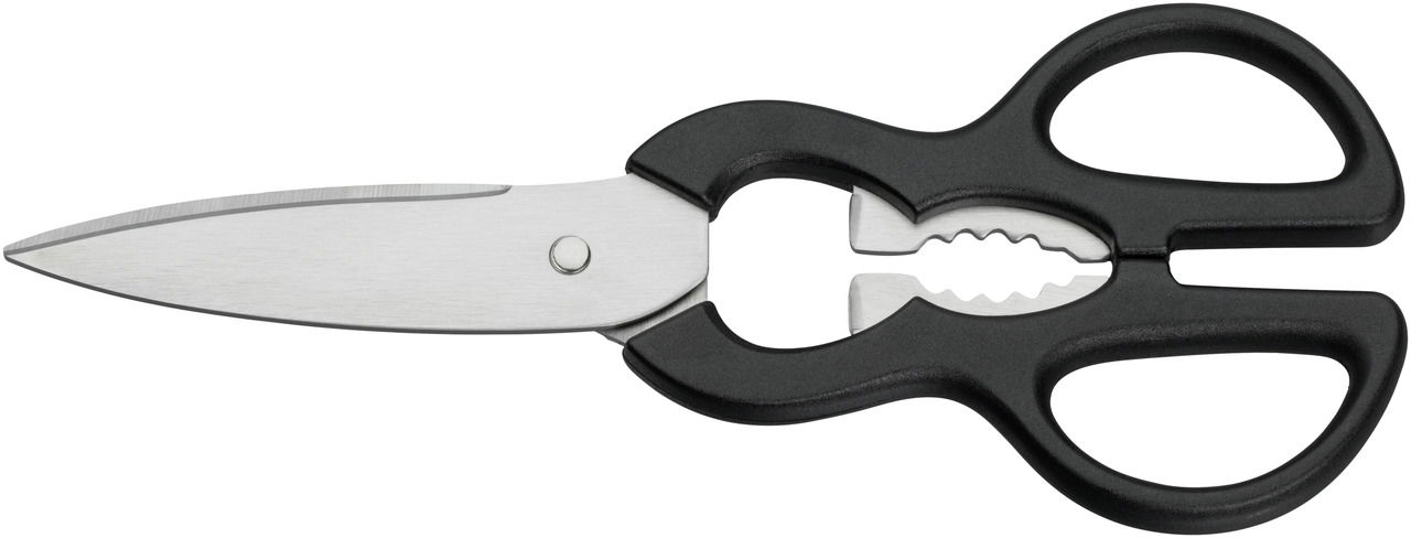 Küchenschere mit schwarzem Griff und Edelstahlklingen, seitliche Ansicht
